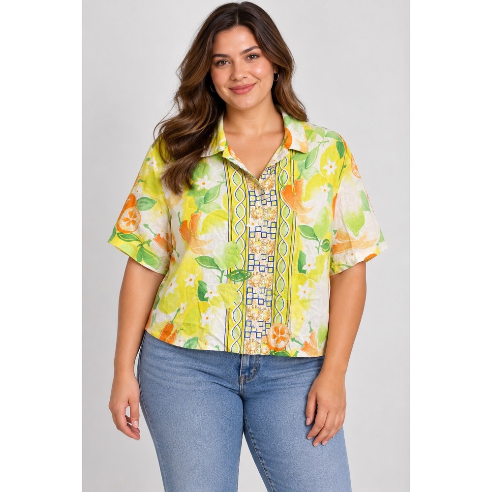 Linen Cotton Citrus Print Shirt Womens L Orange Lemon Resort Coastal Artsy Top